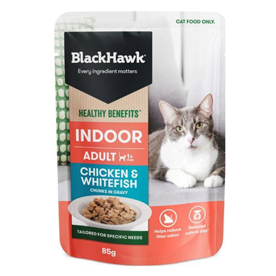Black Hawk Healthy Benefits Indoor Adult 1+ Chicken & Whitefish Chunks in Gravy Wet Cat Food 85 Gms