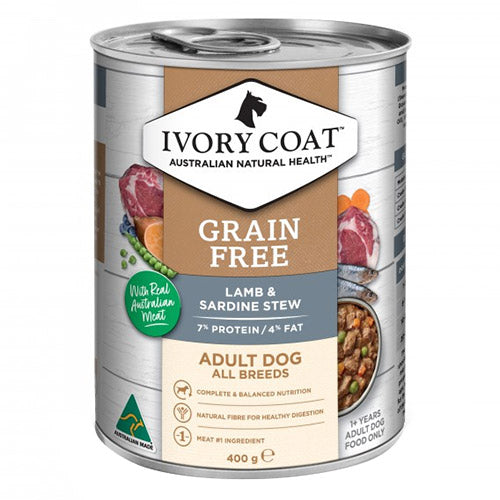 Ivory Coat Grain Free Adult Dog Canned Wet Food Lamb And Sardine Stew 400gm