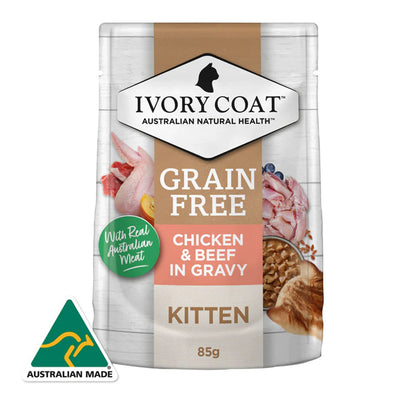 Ivory Coat Grain Free Kitten Chicken & Beef in Gravy Wet Cat Food 85gm